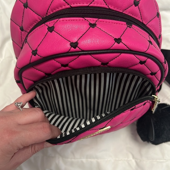 Luv Betsey Johnson Ador Mini Backpack Hot Pink Black Quilted Embroidered Hearts - Picture 4 of 9